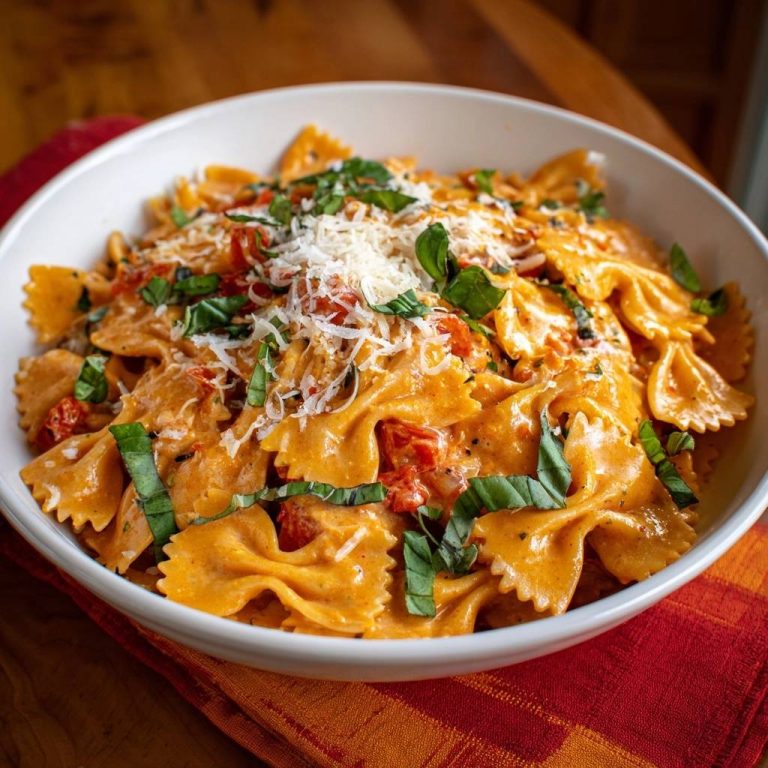 Cremige Farfalle mit sonnengetrockneten Tomaten, serviert in einer weißen Schüssel, garniert mit frischem Basilikum und geriebenem Käse.