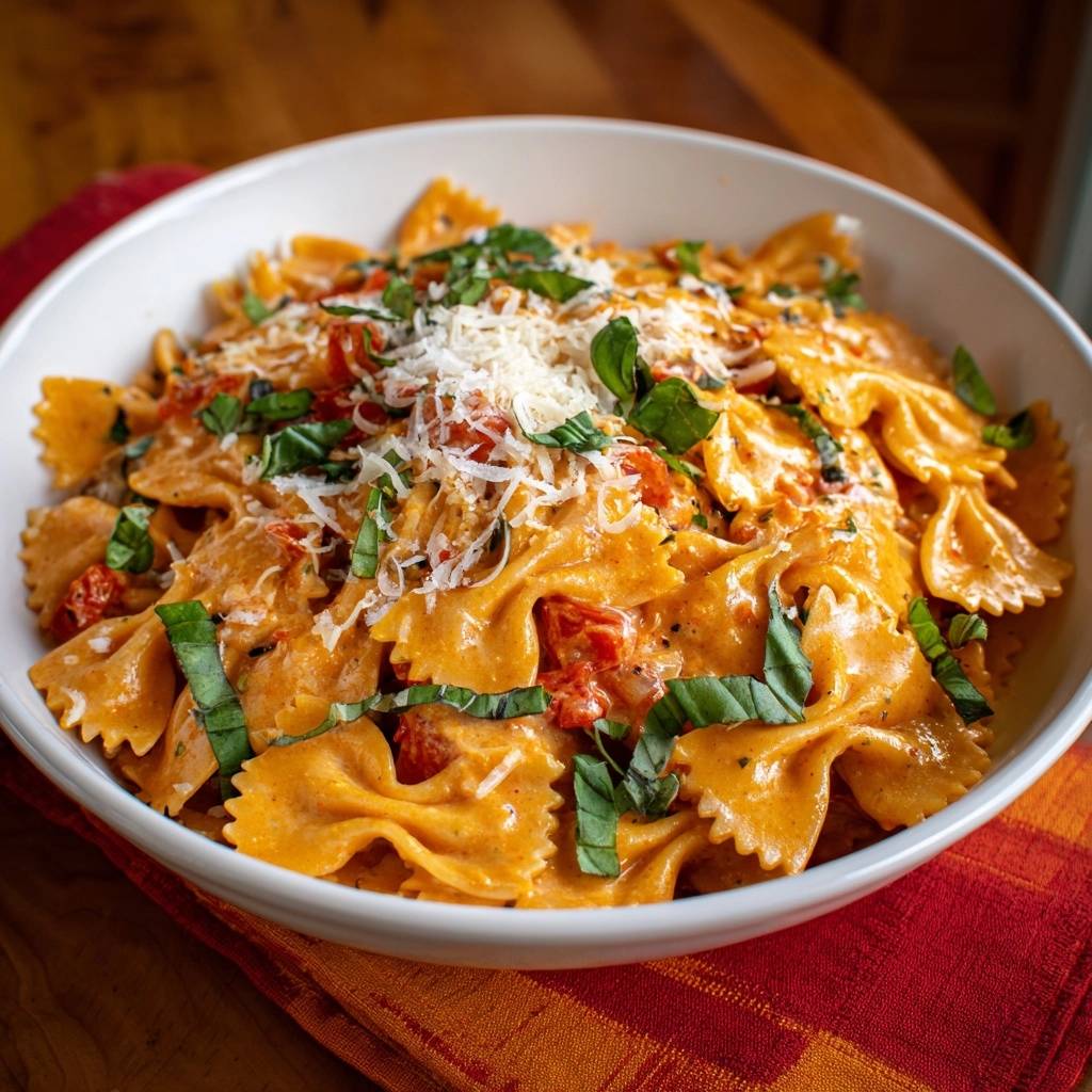 Cremige Farfalle mit sonnengetrockneten Tomaten, serviert in einer weißen Schüssel, garniert mit frischem Basilikum und geriebenem Käse.