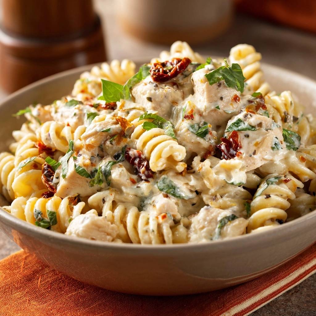 Cremige Fusilli mit Hähnchen, Tomaten und Basilikum, eine Nahaufnahme in einer Schüssel mit Sonnengetrockneten Tomaten und frischen Kräutern.