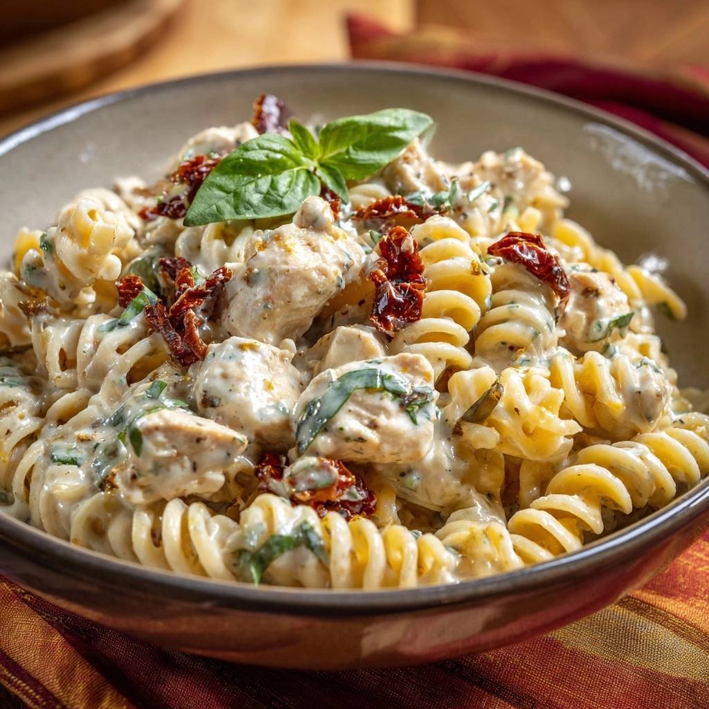 Cremige Fusilli mit Hähnchen, Tomaten und Basilikum in einer Schüssel, Nahaufnahme der cremigen Sauce und Zutaten.