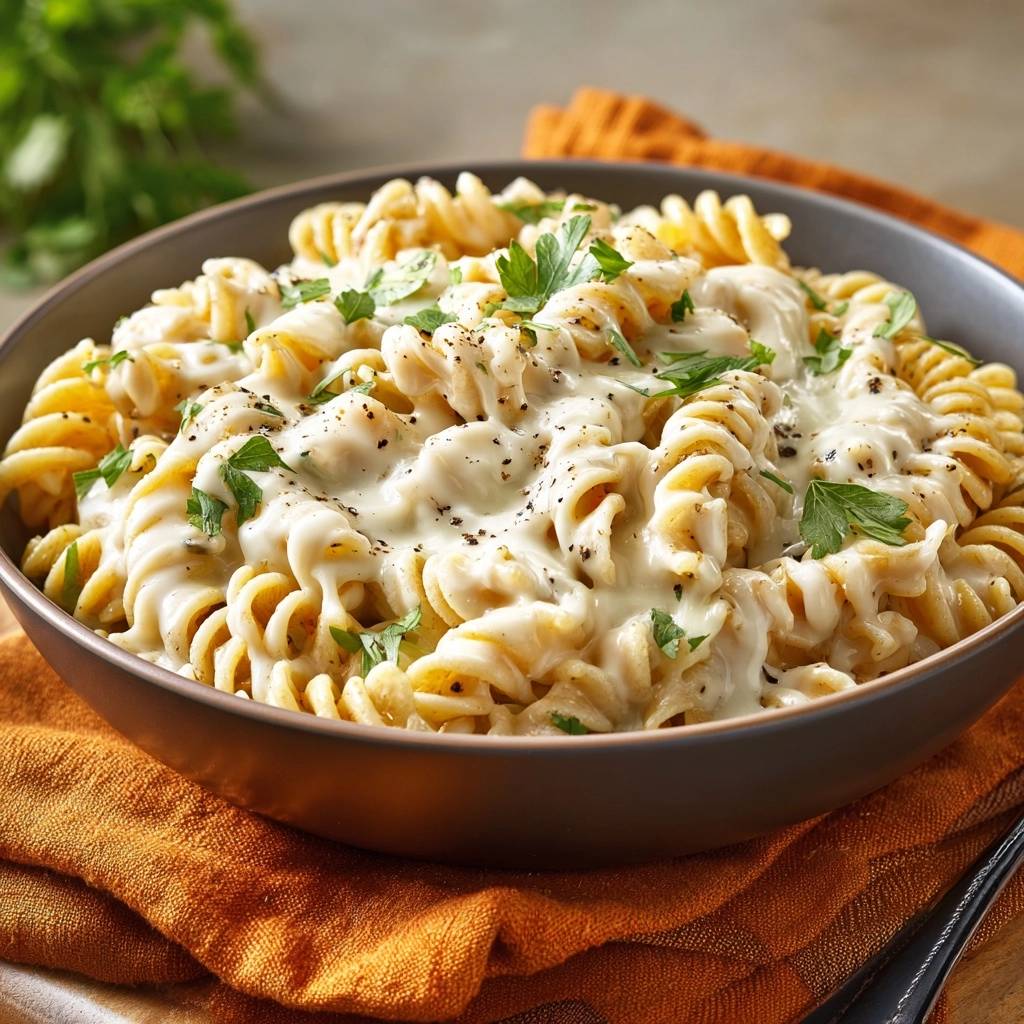 Cremige Fusilli Mit Kaesesoesse Nahaufnahme 1 Cremige Fusilli mit Käsesoße in einer Nahaufnahme, garniert mit frischer Petersilie und schwarzem Pfeffer. Ein köstliches Pastagericht, perfekt für ein gemütliches Abendessen.
