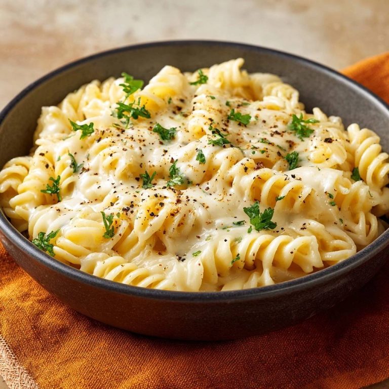 Cremige Fusilli mit Käsesoße, serviert in einer dunklen Schüssel, garniert mit frischer Petersilie und frisch gemahlenem Pfeffer.