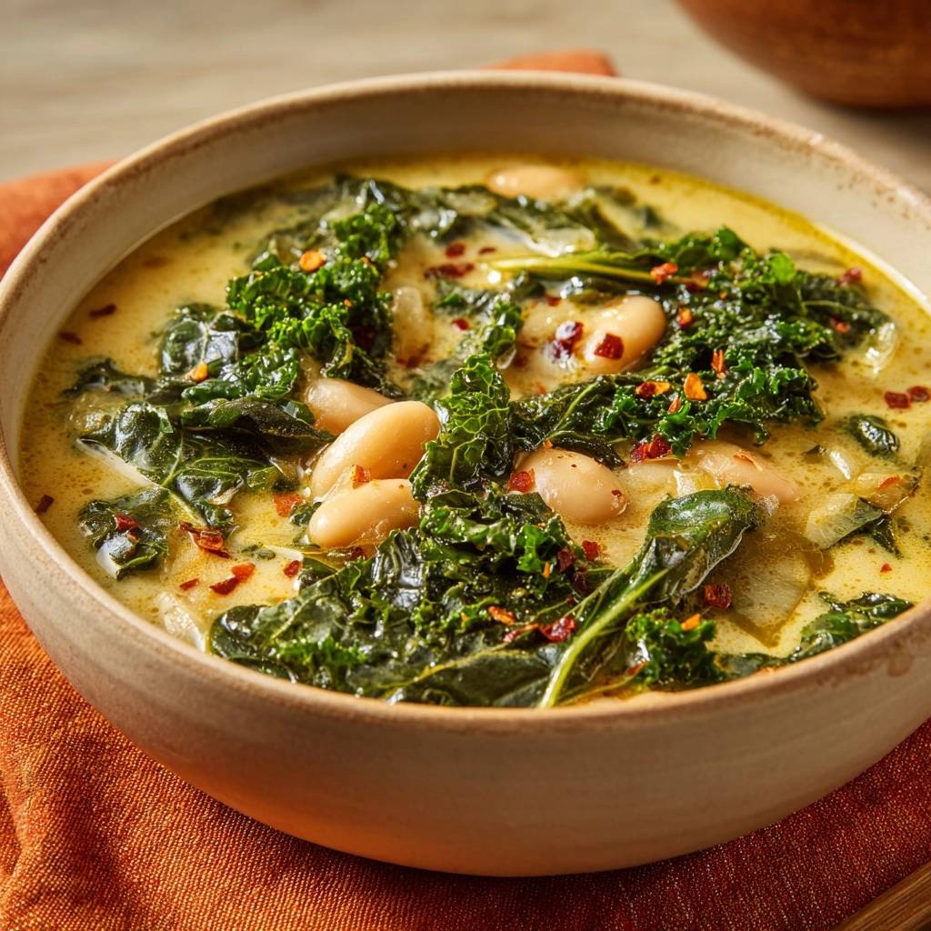 Cremige Gruenkohl Bohnensuppe Nahaufnahme 1 Cremige Grünkohl-Bohnensuppe in einer Nahaufnahme, die die cremige Textur der Suppe mit Grünkohl und Cannellini-Bohnen zeigt.