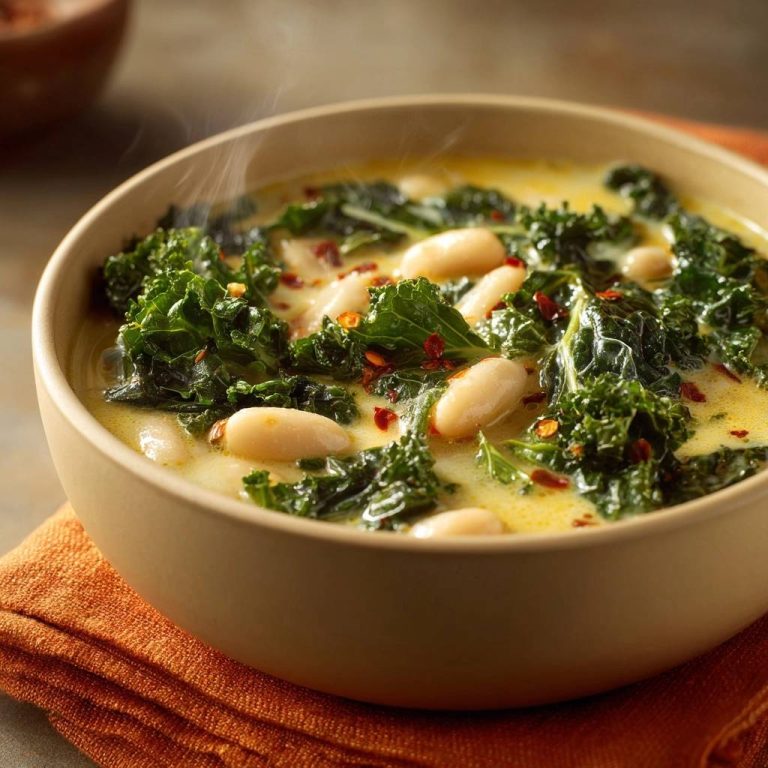 Cremige Grünkohl-Bohnensuppe in Nahaufnahme, dampfend heiß serviert und mit roten Chiliflocken garniert. Die cremige Suppe ist gefüllt mit Grünkohl und weißen Bohnen.