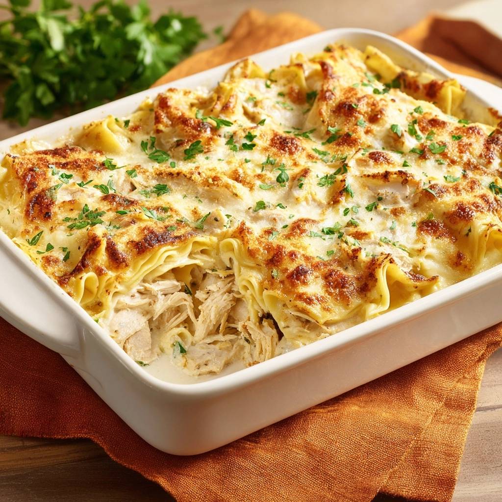 Cremige Hähnchenlasagne im Nahaufnahme-Querschnitt, der die saftige Füllung und goldbraune Kruste zeigt. Ein unwiderstehliches Gericht!