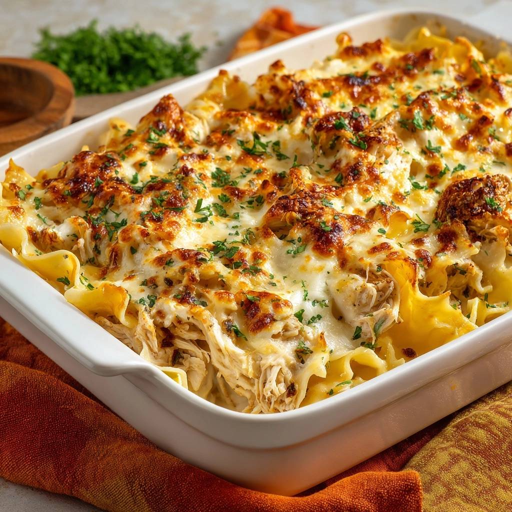 Cremige Hähnchenlasagne in Nahaufnahme, üppig mit geschmolzenem Käse bedeckt und mit frischer Petersilie garniert. Ein unwiderstehliches Gericht.