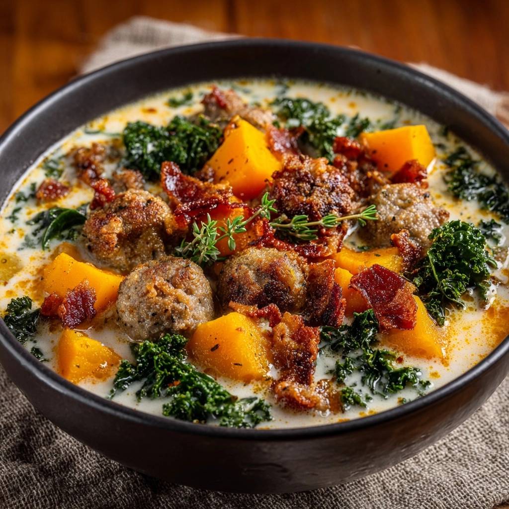 Cremige Kuerbis Gruenkohl Suppe Mit Hackbaellchen Draufsicht 1 Cremige Kürbis-Grünkohl-Suppe mit Hackbällchen in einer Schüssel von oben. Die cremige Suppe ist mit Grünkohl, Kürbis und Hackbällchen gefüllt.