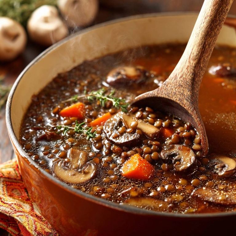 Cremige Linsensuppe mit Pilzen und Karotten in Nahaufnahme, dampfend und mit einem Holzlöffel serviert, voller Linsen, Gemüse und Kräutern.