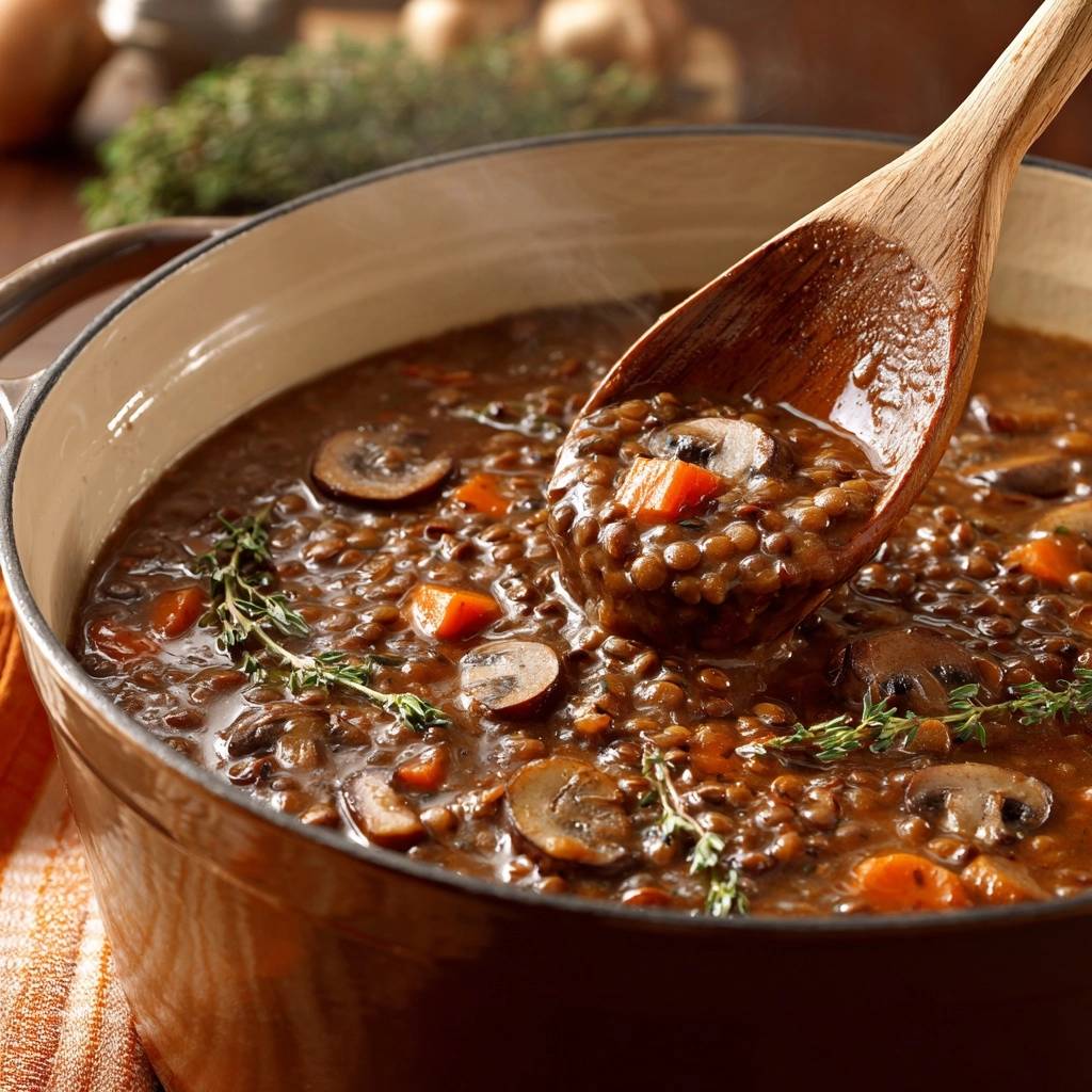 Cremige Linsensuppe Mit Pilzen Und Karotten Nahaufnahme Lffe 1 Cremige Linsensuppe mit Pilzen und Karotten, nahaufnahme eines Löffels voller Linsen, Pilze und Karotten in der sämigen Suppe.