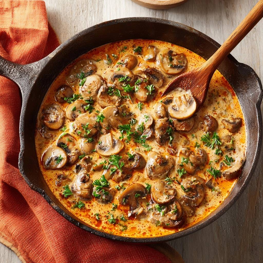 Cremige Paprika Champignons Draufsicht Mit Lffel 1 Cremige Paprika-Champignons, zubereitet in einer gusseisernen Pfanne, werden von oben gezeigt. Ein Holzlöffel liegt im cremigen Gericht.
