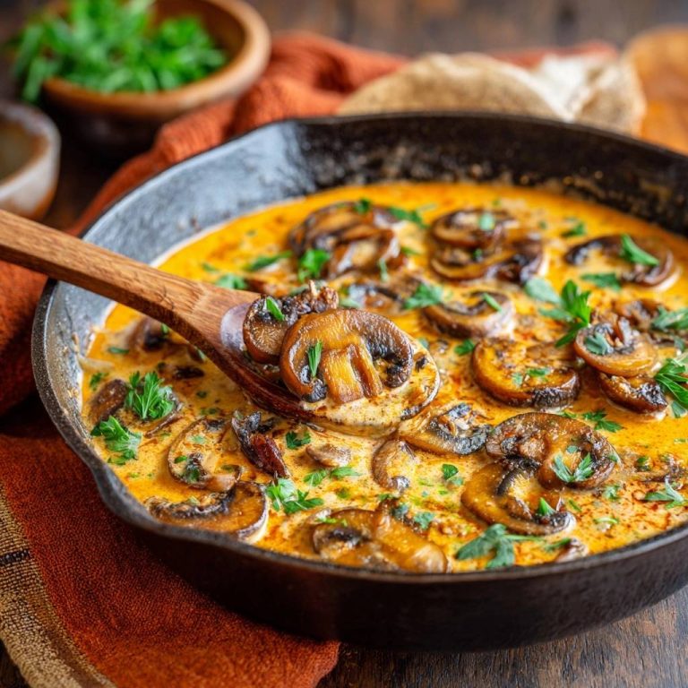 Cremige Paprika-Champignons, serviert in einer gusseisernen Pfanne, mit einem Holzlöffel, der die cremige Textur zeigt.