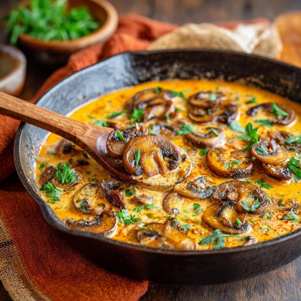 Cremige Paprika-Champignons, serviert in einer gusseisernen Pfanne, mit einem Holzlöffel, der die cremige Textur zeigt.