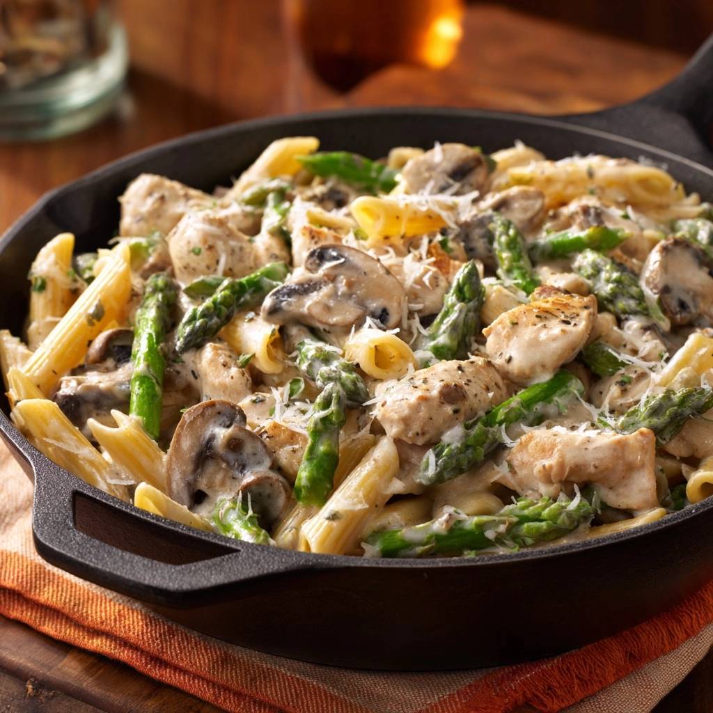 Cremige Penne Hahnchen Spargel Pilzen Nahaufnahme 1 Cremige Penne mit Hähnchen, Spargel und Pilzen in einer Nahaufnahme, die die cremige Soße und frischen Zutaten zeigt.