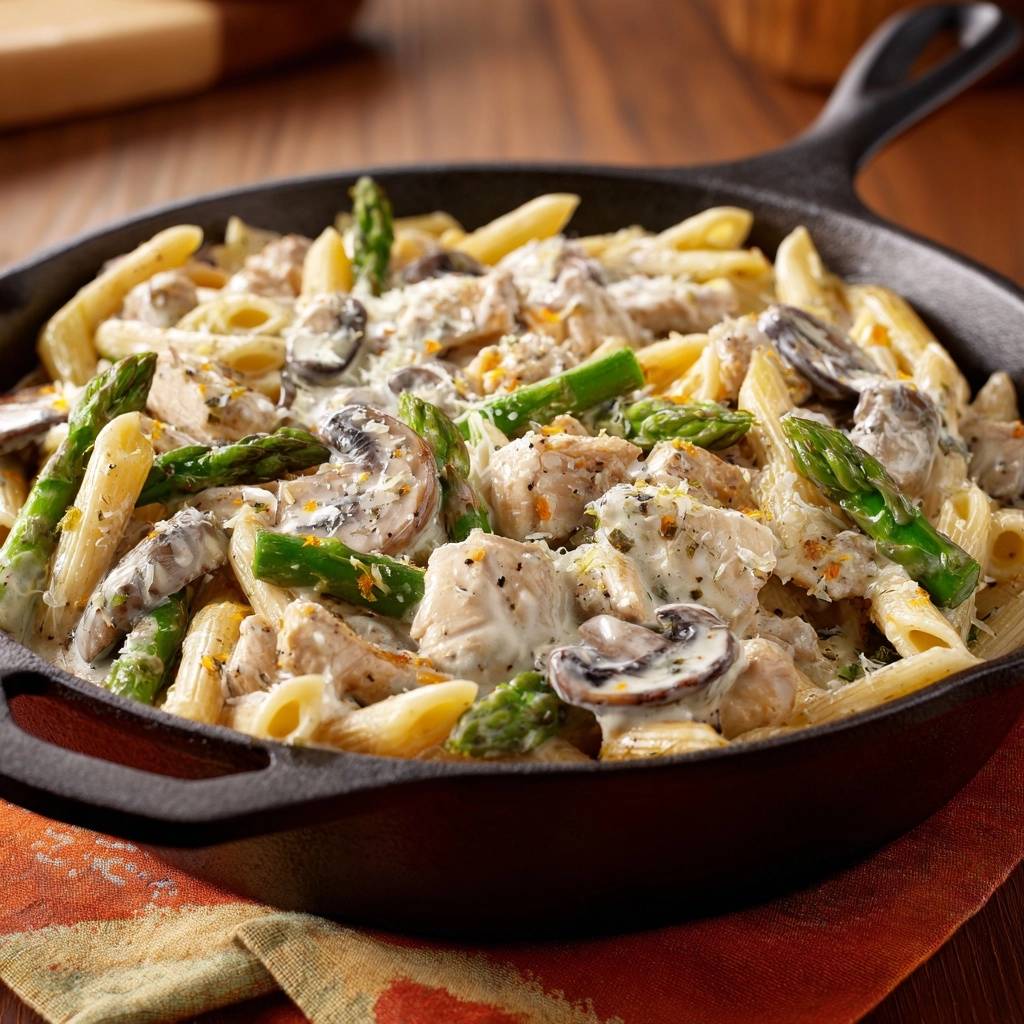 Cremige Penne mit Hähnchen, Spargel und Pilzen in einer gusseisernen Pfanne, serviert und aus der Vogelperspektive betrachtet.
