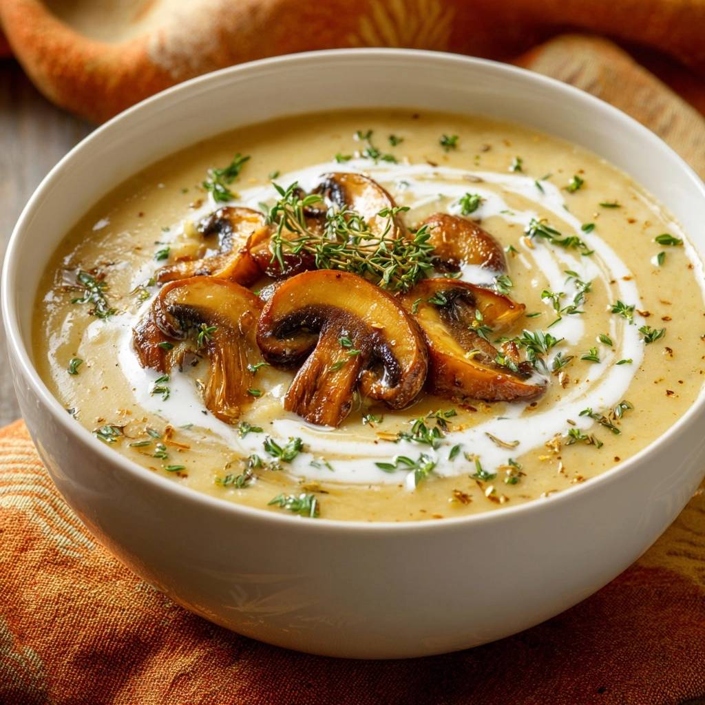 Cremige Pilz Thymian Suppe Nahaufnahme Garniert 1 Cremige Pilz-Thymian-Suppe: Eine Nahaufnahme zeigt die cremige Suppe, garniert mit gebratenen Pilzen, frischem Thymian und einem Sahneklecks.