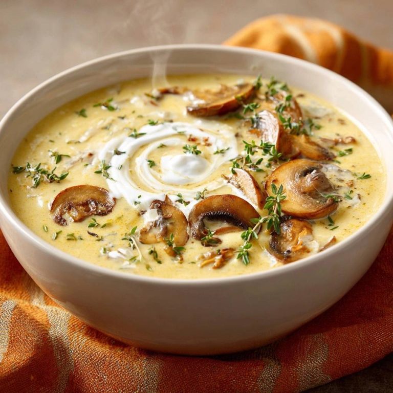 Cremige Pilz-Thymian-Suppe: Eine Nahaufnahme zeigt die dampfende Suppe mit frischen Pilzen, Thymian und einem Klecks Sahne.