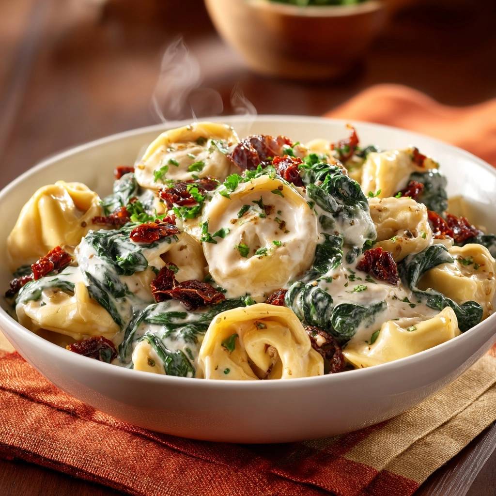 Cremige Spinat-Ravioli mit Räuchertofu, serviert in einer weißen Schüssel in Nahaufnahme, mit Dampf und frischen Kräutern.