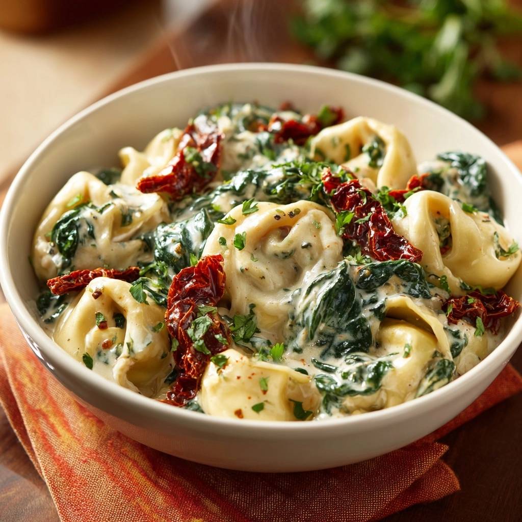 Cremige Spinat Ravioli Nahaufnahme 1 Cremige Spinat-Ravioli mit Räuchertofu, serviert in einer Schüssel, mit sonnengetrockneten Tomaten und frischen Kräutern garniert. Ein köstliches Gericht.