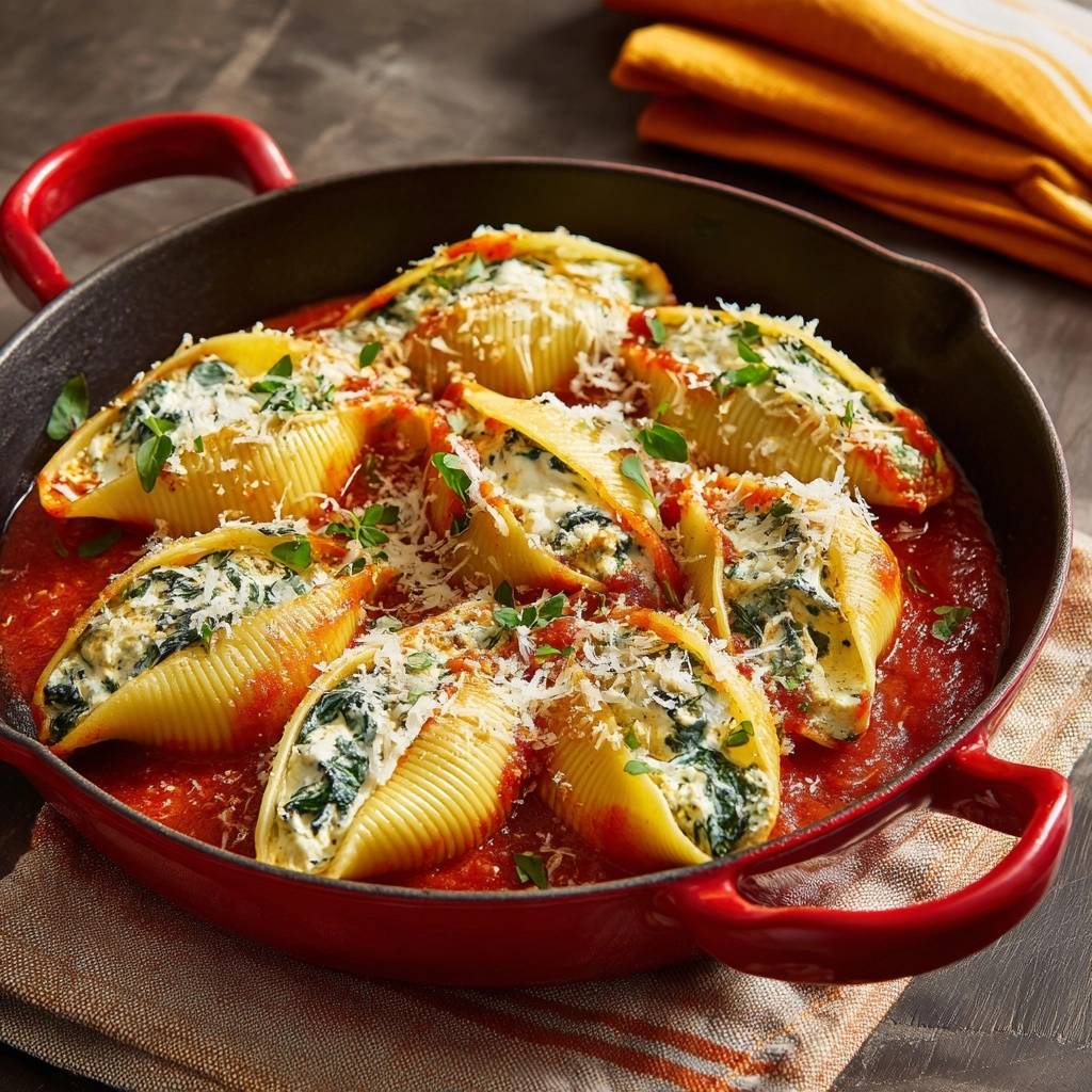 Cremige Spinat-Ricotta-Conchiglioni in Tomatensauce in einer roten Pfanne serviert, garniert mit Parmesan und frischen Kräutern, von oben betrachtet.