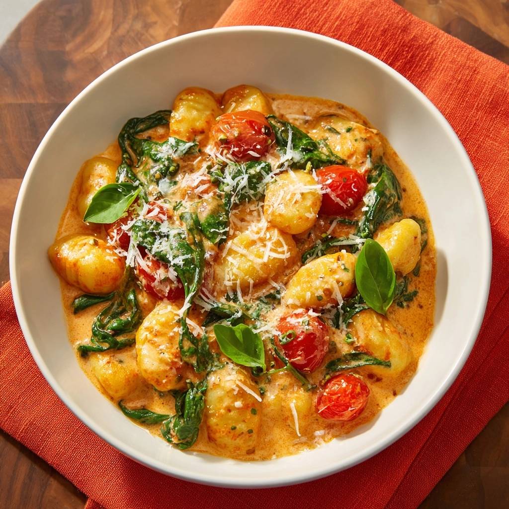 Cremige Tomaten-Gnocchi mit Spinat in einer Schüssel, von oben betrachtet, garniert mit frischem Basilikum und geriebenem Käse.