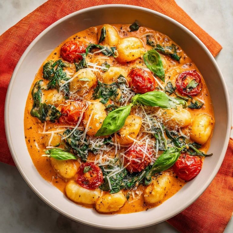 Cremige Tomaten-Gnocchi mit Spinat, von oben betrachtet, serviert in einer cremigen Tomatensauce mit frischem Spinat und Basilikum.