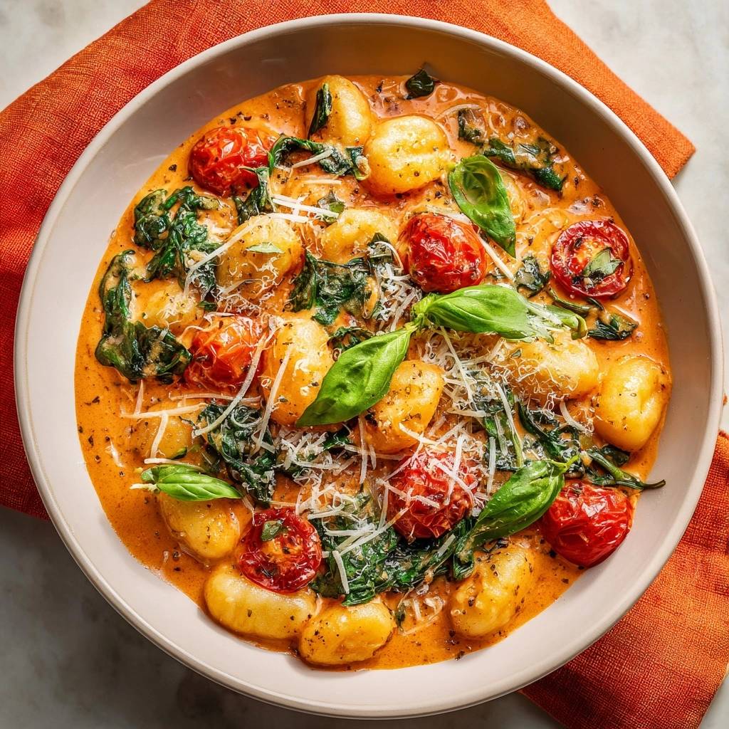 Cremige Tomaten-Gnocchi mit Spinat, von oben betrachtet, serviert in einer cremigen Tomatensauce mit frischem Spinat und Basilikum.