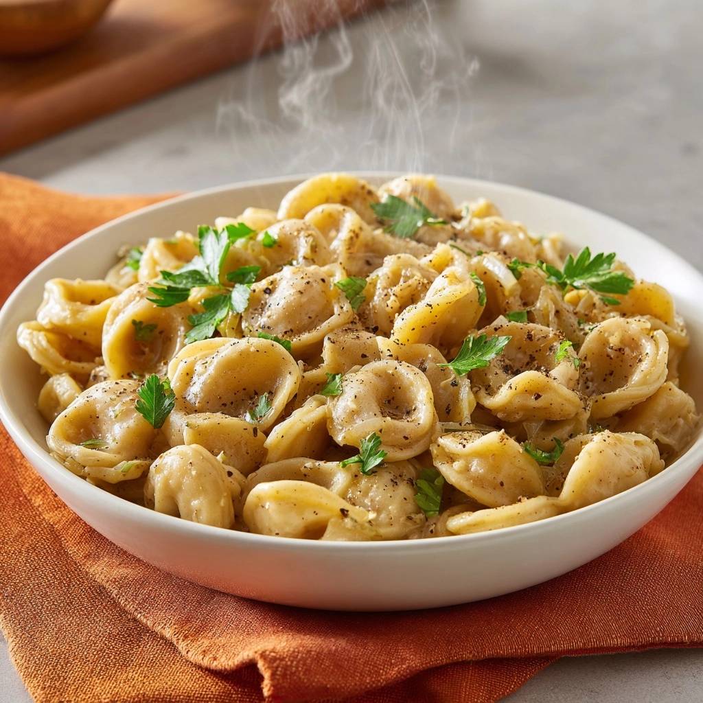 Cremige Tortellini mit Petersilie, serviert in einer weißen Schüssel, steigt frisch zubereiteter Dampf auf. Das Gericht ist großzügig mit Petersilie garniert.