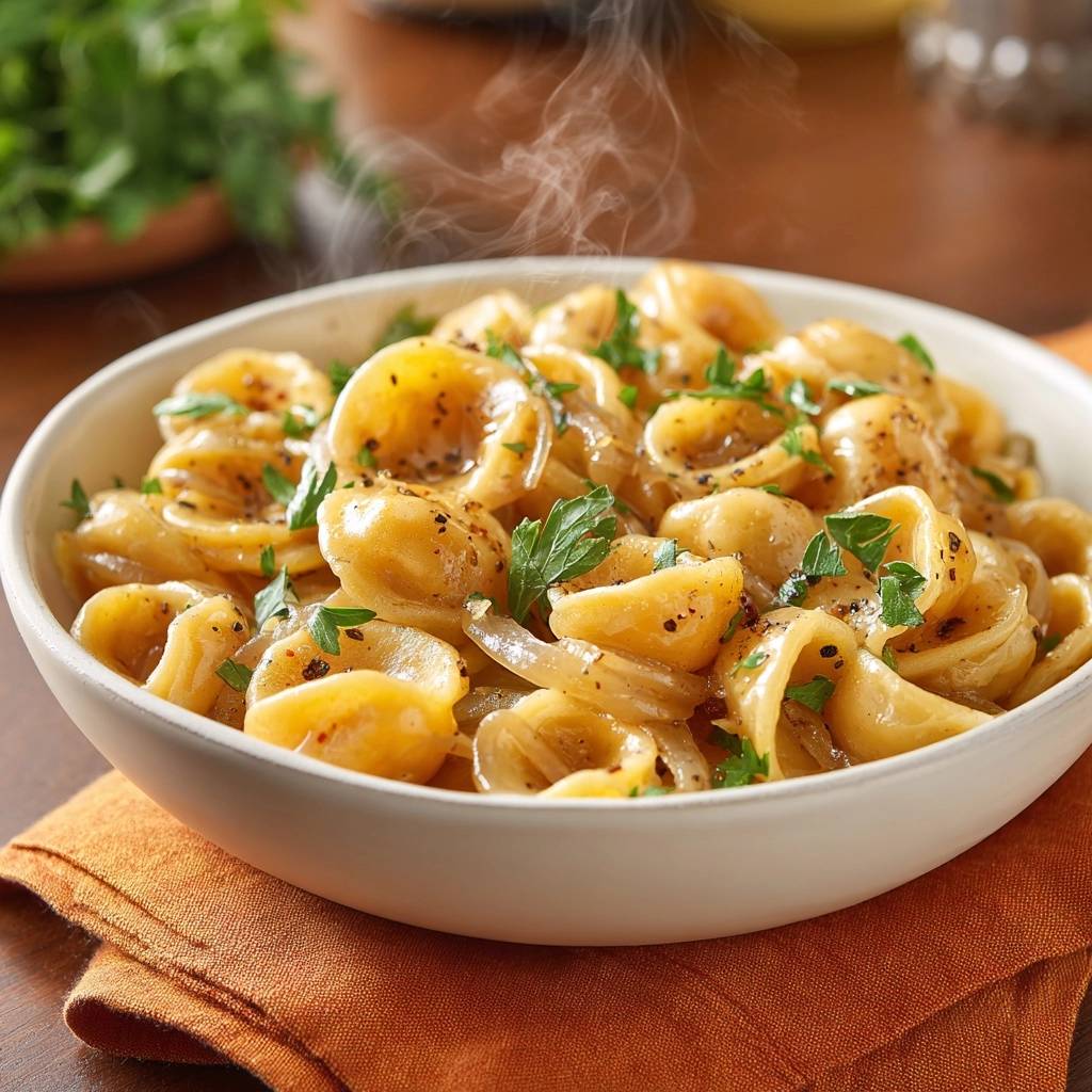 Cremige Tortellini mit Petersilie, serviert in einer Schüssel, mit frischer Petersilie garniert und dampfend. Ein köstliches Nudelgericht.