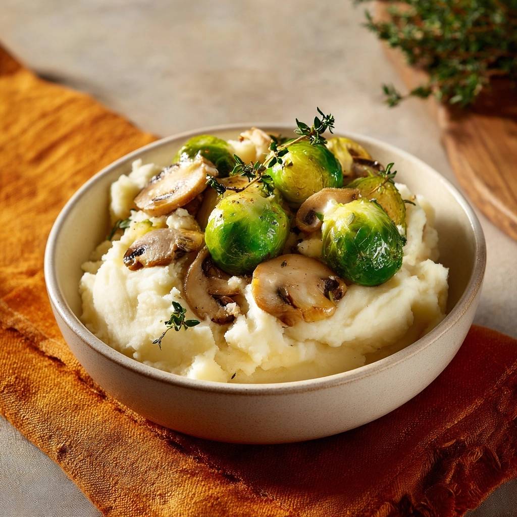 Cremiges Kartoffelpüree mit Rosenkohl und Pilzen in einer Schüssel, serviert mit gebratenen Champignons und frischem Thymian.