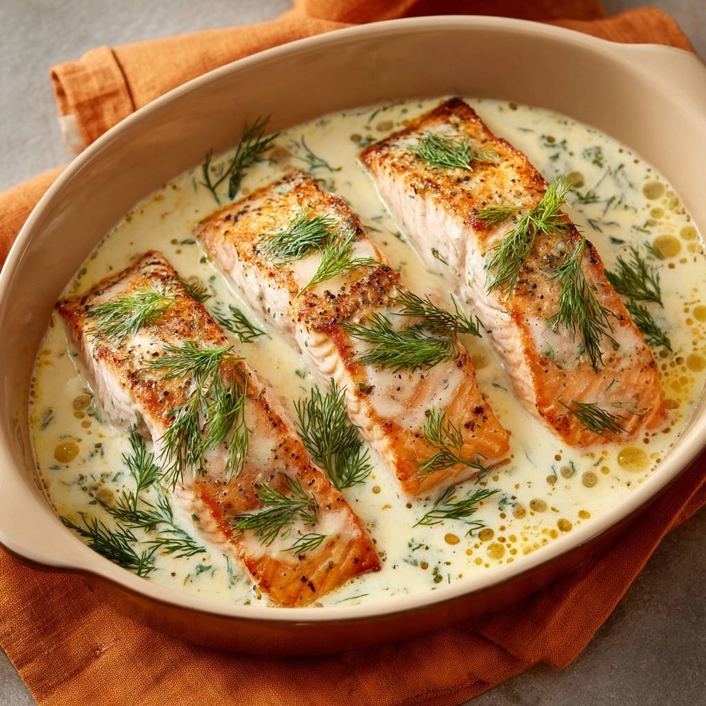 Cremiger Dill Lachs Aus Dem Ofen Draufsicht 1 2 Cremiger Dill-Lachs aus dem Ofen, serviert in einer cremigen Soße und mit frischem Dill garniert, zeigt die saftigen, knusprigen Fischstücke.