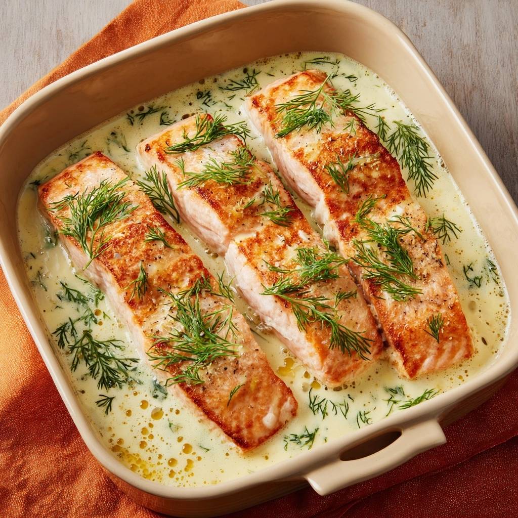 Cremiger Dill-Lachs aus dem Ofen in einer Auflaufform, serviert mit frischem Dill und einer cremigen Sauce, von oben betrachtet.