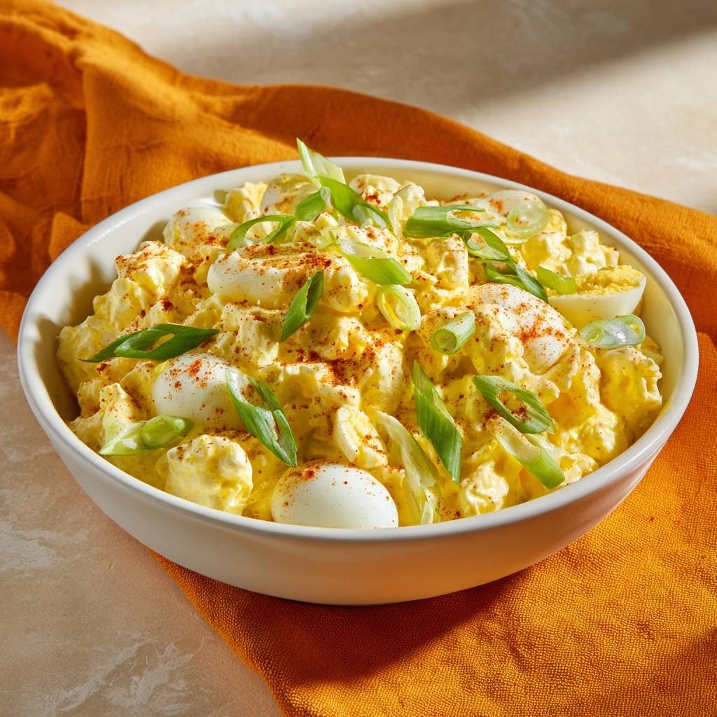 Cremiger Eiersalat mit Frühlingszwiebeln, garniert mit frischen Frühlingszwiebeln und Paprikapulver, serviert in einer weißen Schüssel.