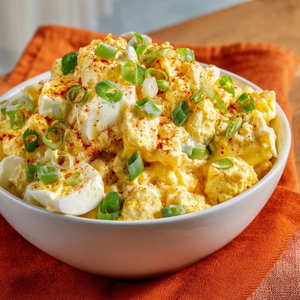 Cremiger Eiersalat mit Frühlingszwiebeln in einer weißen Schüssel, garniert mit frischen Frühlingszwiebeln und Paprika. Ein köstliches und einfaches Rezept für Eiersalat.
