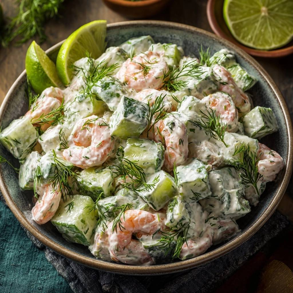 Cremiger Garnelen-Gurken-Salat mit Dill und Limette in einer Schüssel, garniert mit frischem Dill und Limettenspalten, von oben betrachtet.