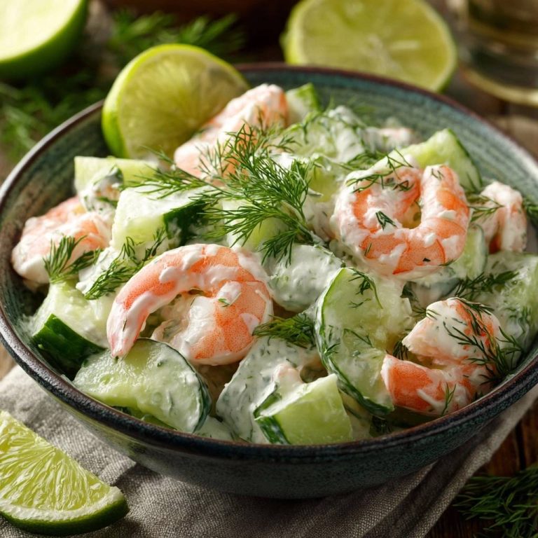 Cremiger Garnelen-Gurken-Salat mit Dill und Limette, serviert in einer Schüssel mit Garnelen und Gurkenstücken, Nahaufnahme.