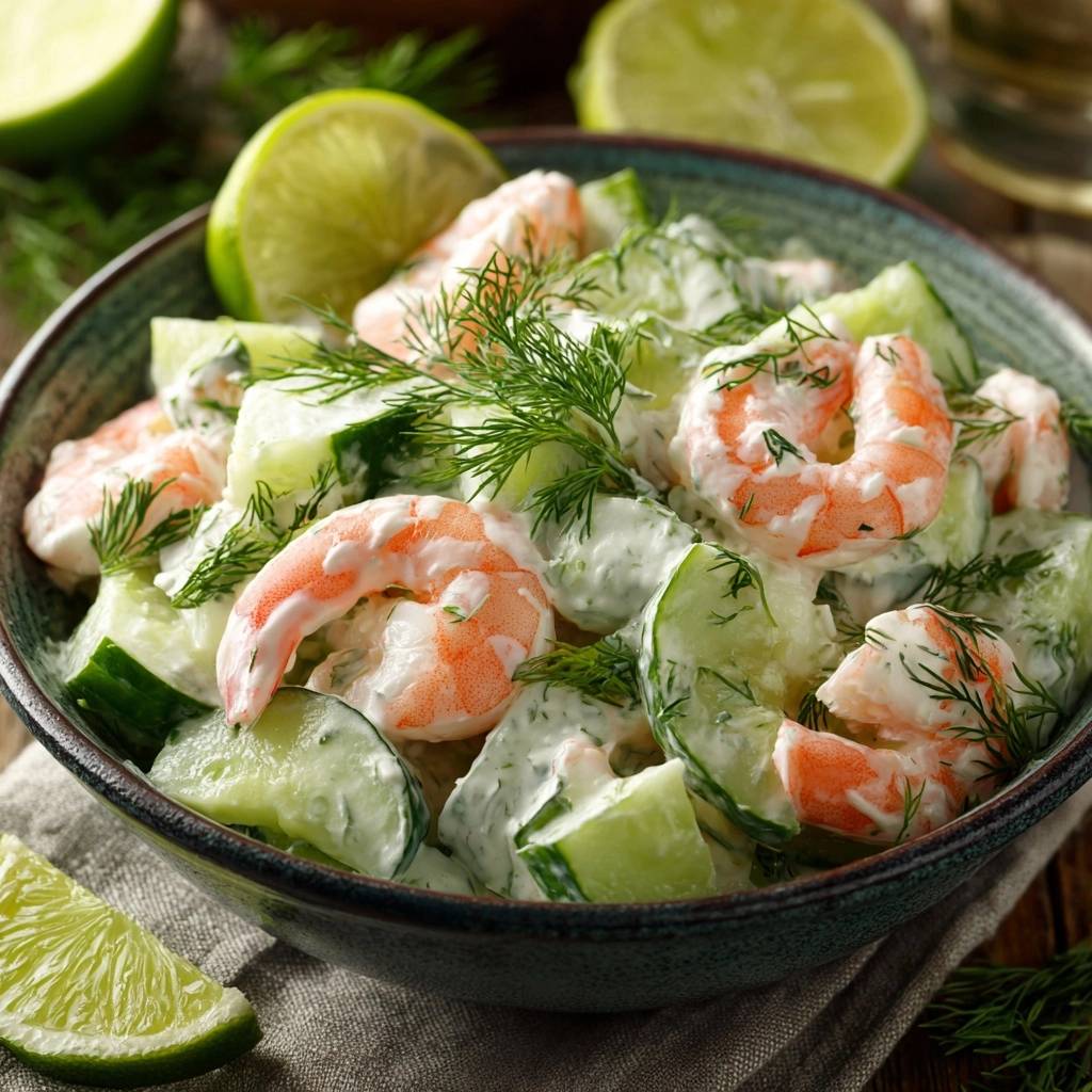 Cremiger Garnelen-Gurken-Salat mit Dill und Limette, serviert in einer Schüssel mit Garnelen und Gurkenstücken, Nahaufnahme.