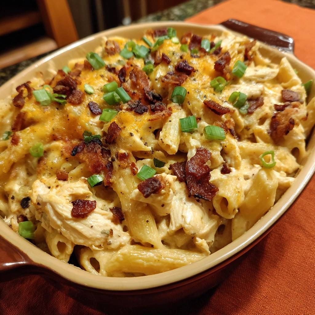 Cremiger Hähnchen-Bacon-Nudelauflauf, serviert in einer Auflaufform, garniert mit knusprigem Speck und frischen Kräutern.