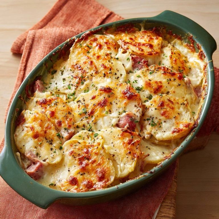 Cremiger Kartoffel-Schinken-Gratin in einer grünen Auflaufform, serviert und mit frischen Kräutern garniert, von oben betrachtet.