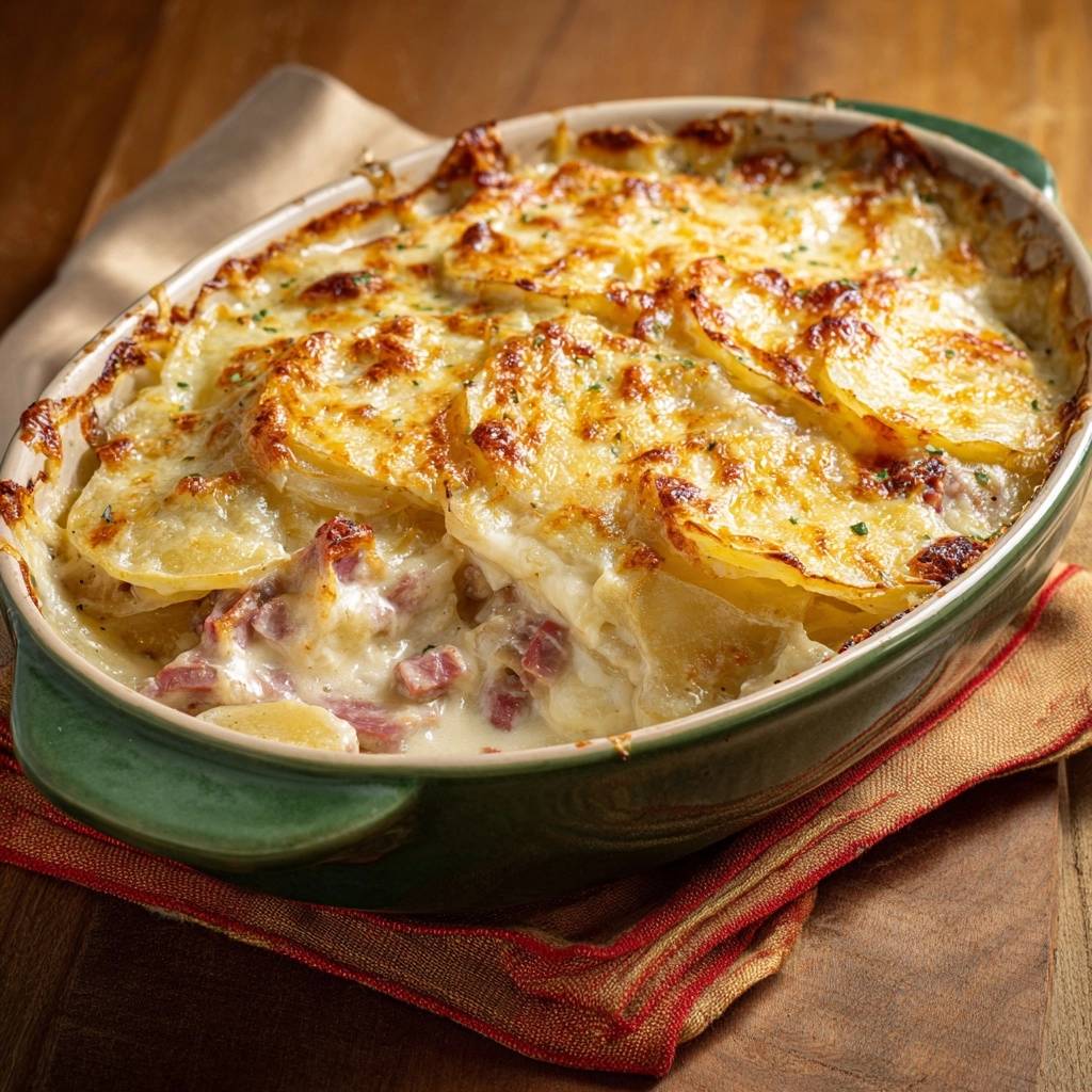 Cremiger Kartoffel Schinken Gratin Querschnitt 1 Cremiger Kartoffel-Schinken-Gratin im Anschnitt zeigt die cremige Konsistenz und die geschichteten Zutaten. Ein herzhaftes Gericht, das perfekt für ein gemütliches Abendessen ist.