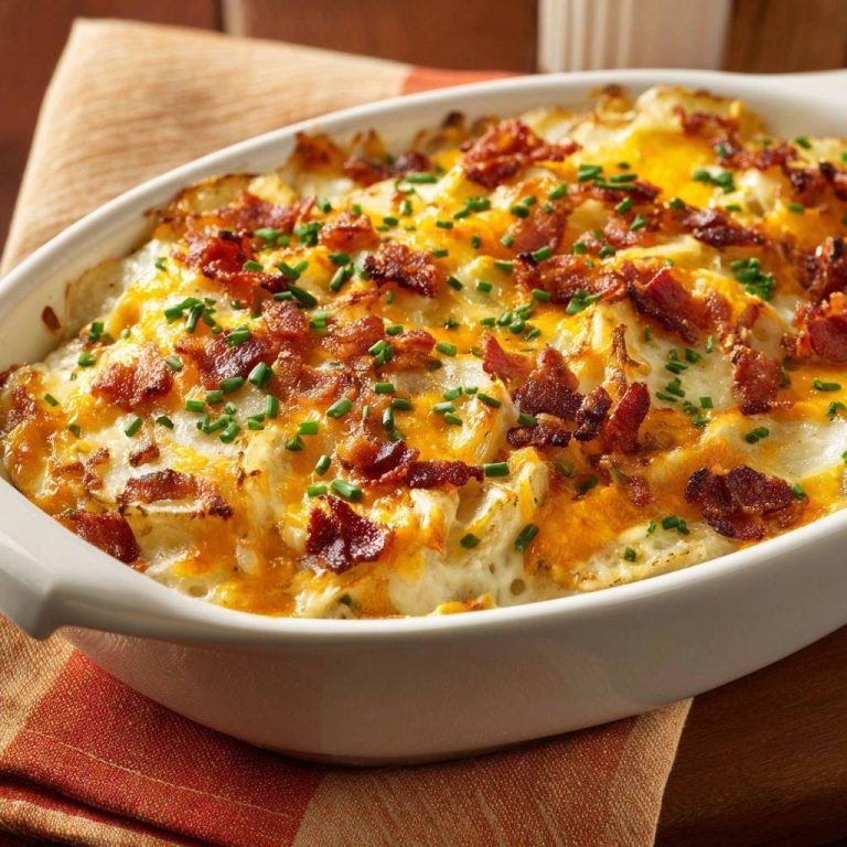 Cremiger Kartoffel-Speck-Auflauf, von oben betrachtet, zeigt eine großzügige Schicht aus Speck und Schnittlauch auf cremigem Kartoffelgratin.