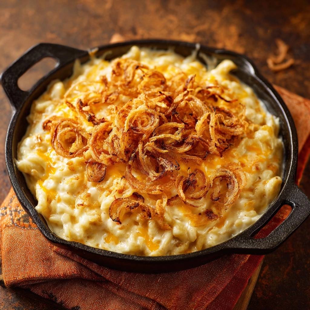 Cremiger Kartoffelauflauf Mit Knusprigen Zwiebeln Draufsicht 1 Cremiger Kartoffelauflauf mit knusprigen Zwiebeln in einer gusseisernen Pfanne, garniert mit knusprig gebratenen Zwiebelringen, bereit zum Servieren.