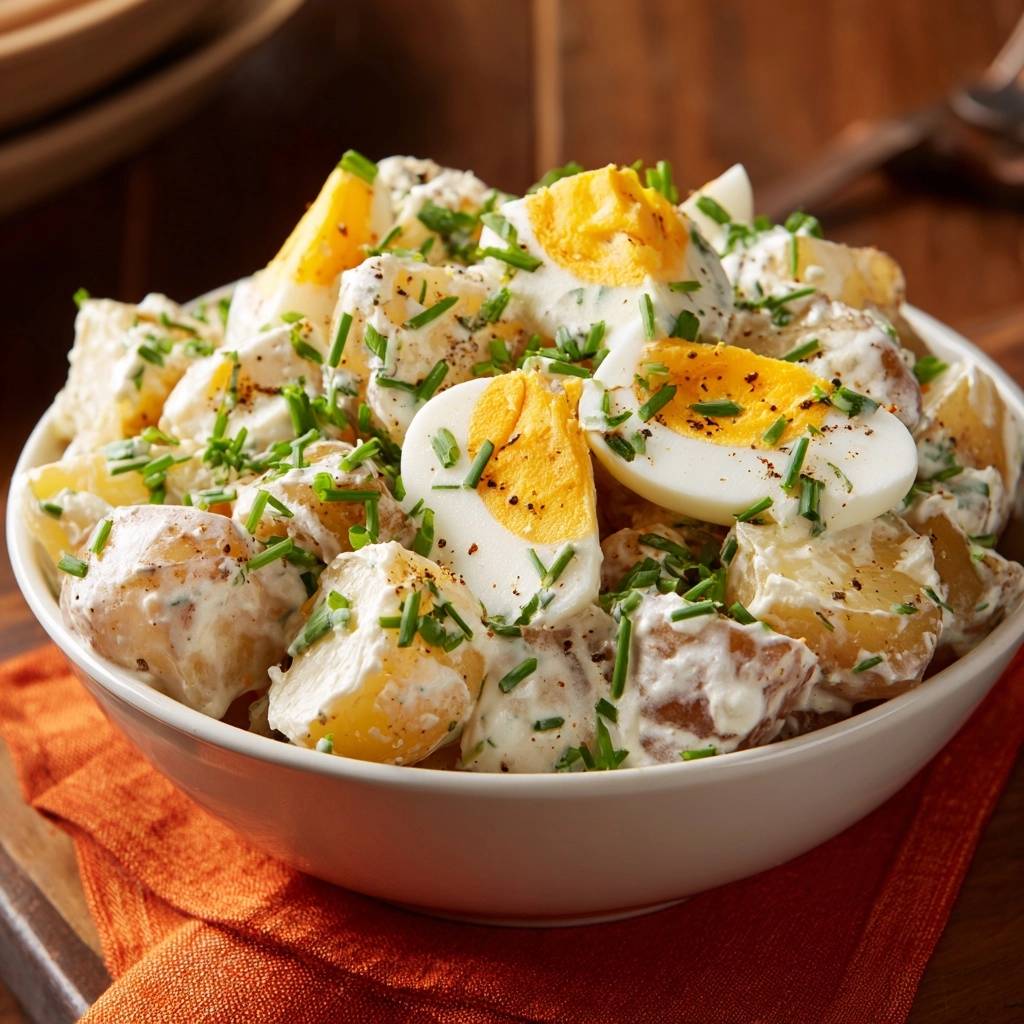 Cremiger Kartoffelsalat Mit Ei Und Kraeutern Nahaufnahme 1 Cremiger Kartoffelsalat mit Ei und Kräutern in Nahaufnahme, garniert mit frischen Kräutern und perfekt zubereiteten Eiern.