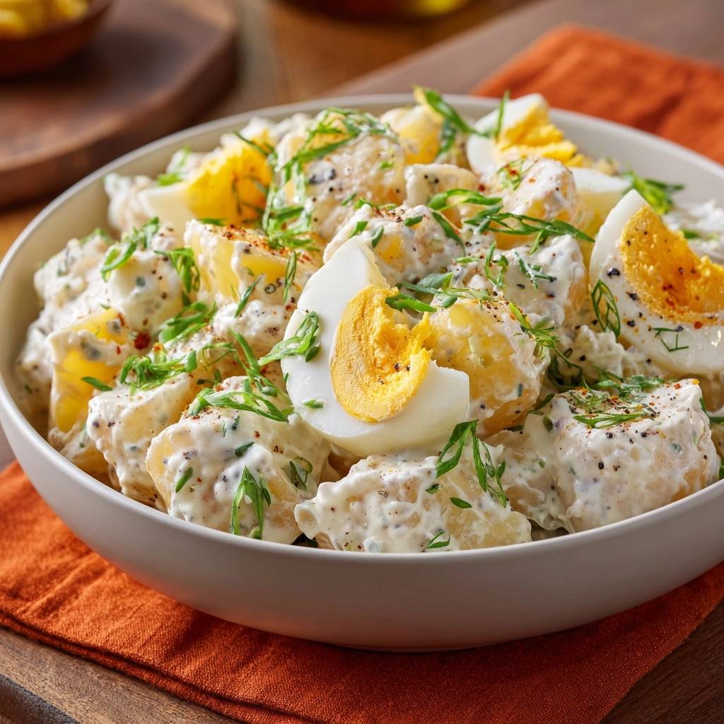Cremiger Kartoffelsalat mit Ei und Kräutern in einer Nahaufnahme, garniert mit frischen Kräutern und perfekt zubereiteten Eiern.