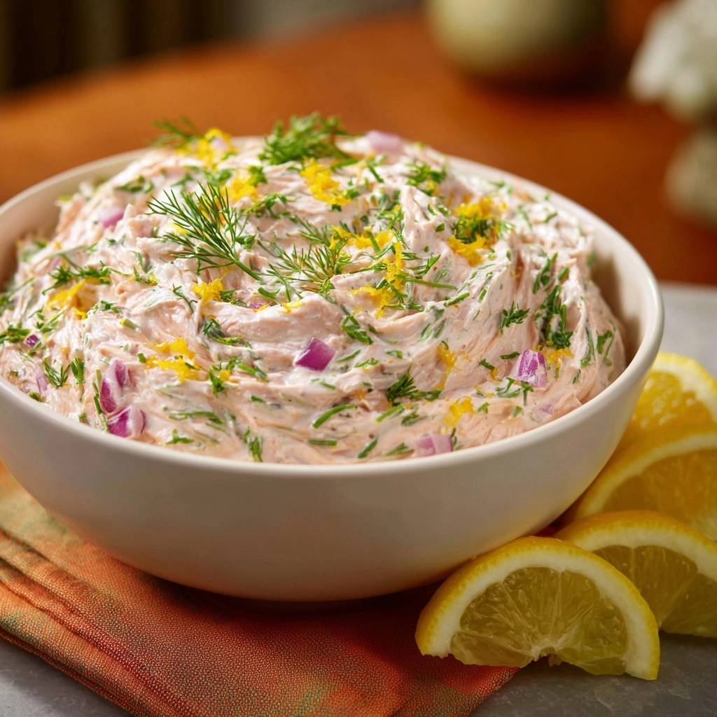 Cremiger Lachs Dill Dip Nahaufnahme 1 Cremiger Lachs-Dill-Dip in einer Nahaufnahme, garniert mit frischem Dill, Zitronenschale und roten Zwiebeln, serviert in einer weißen Schüssel.
