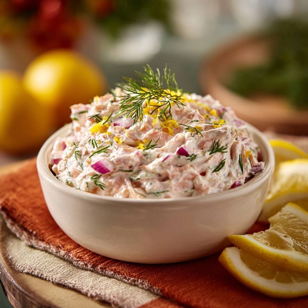 Cremiger Lachs-Dill-Dip in einer Schüssel serviert, garniert mit frischem Dill und Zitronenabrieb, mit frischen Zitronenscheiben daneben.