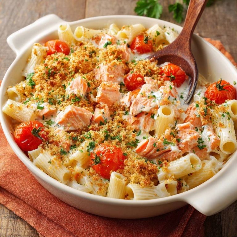 Cremiger Lachs-Rigatoni-Auflauf, serviert in einer Auflaufform, mit saftigem Lachs, Tomaten und knusprigen Bröseln.