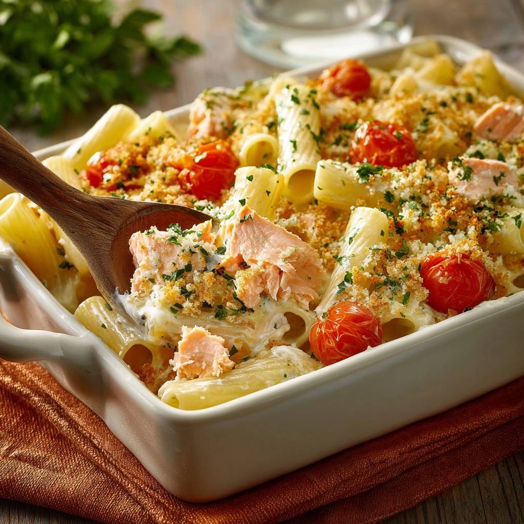 Cremiger Lachs Rigatoni Auflauf Nahaufnahme Serviert 1 Cremiger Lachs-Rigatoni-Auflauf in der Auflaufform, serviert mit einem Holzlöffel, der eine Portion des Gerichtes entnimmt.