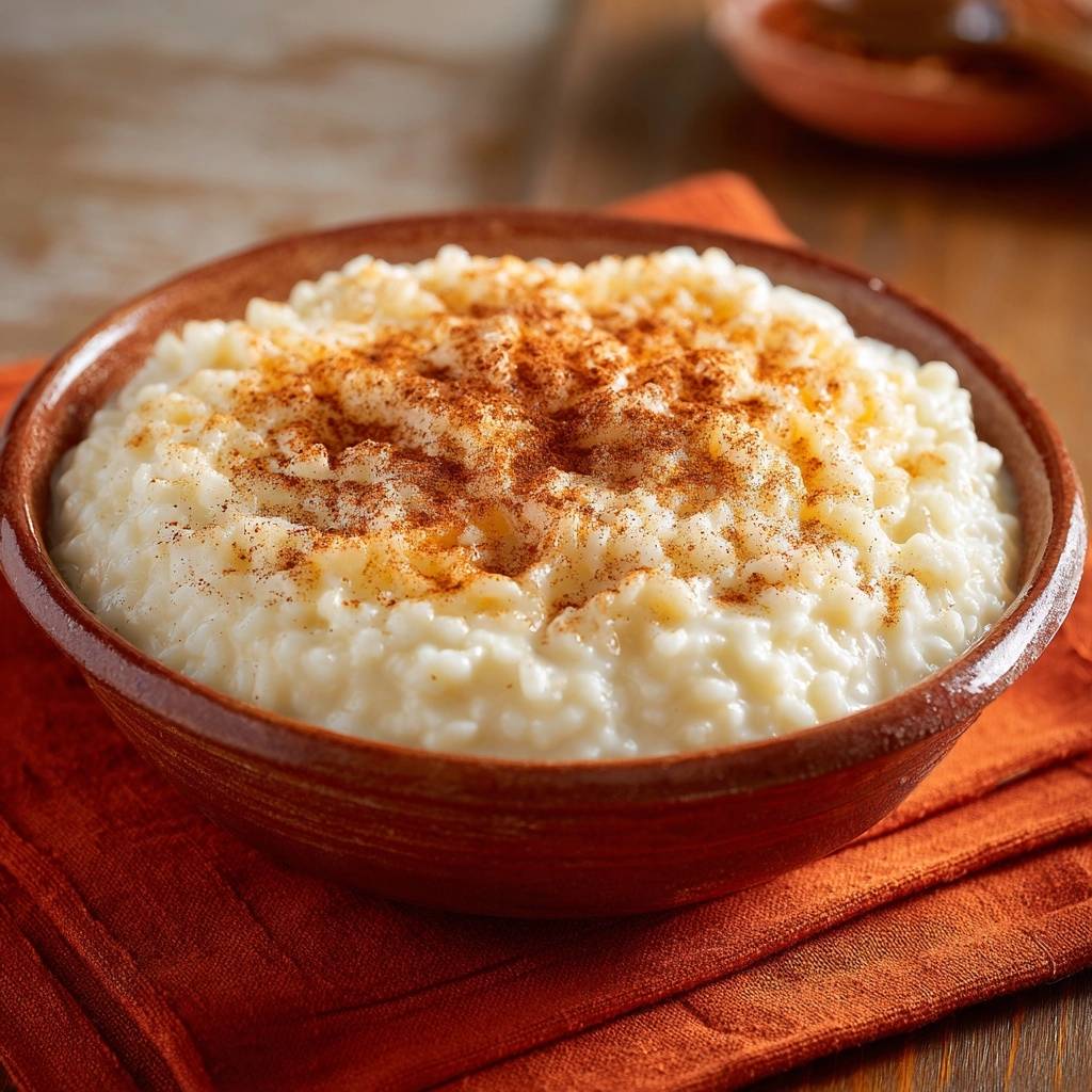 Cremiger Milchreis Mit Zimt Draufsicht 1 2 Cremiger Milchreis mit Zimt, serviert in einer rustikalen Schale, mit Zimt bestäubt, als köstliches Dessert. Die cremige Textur lädt zum Genießen ein.