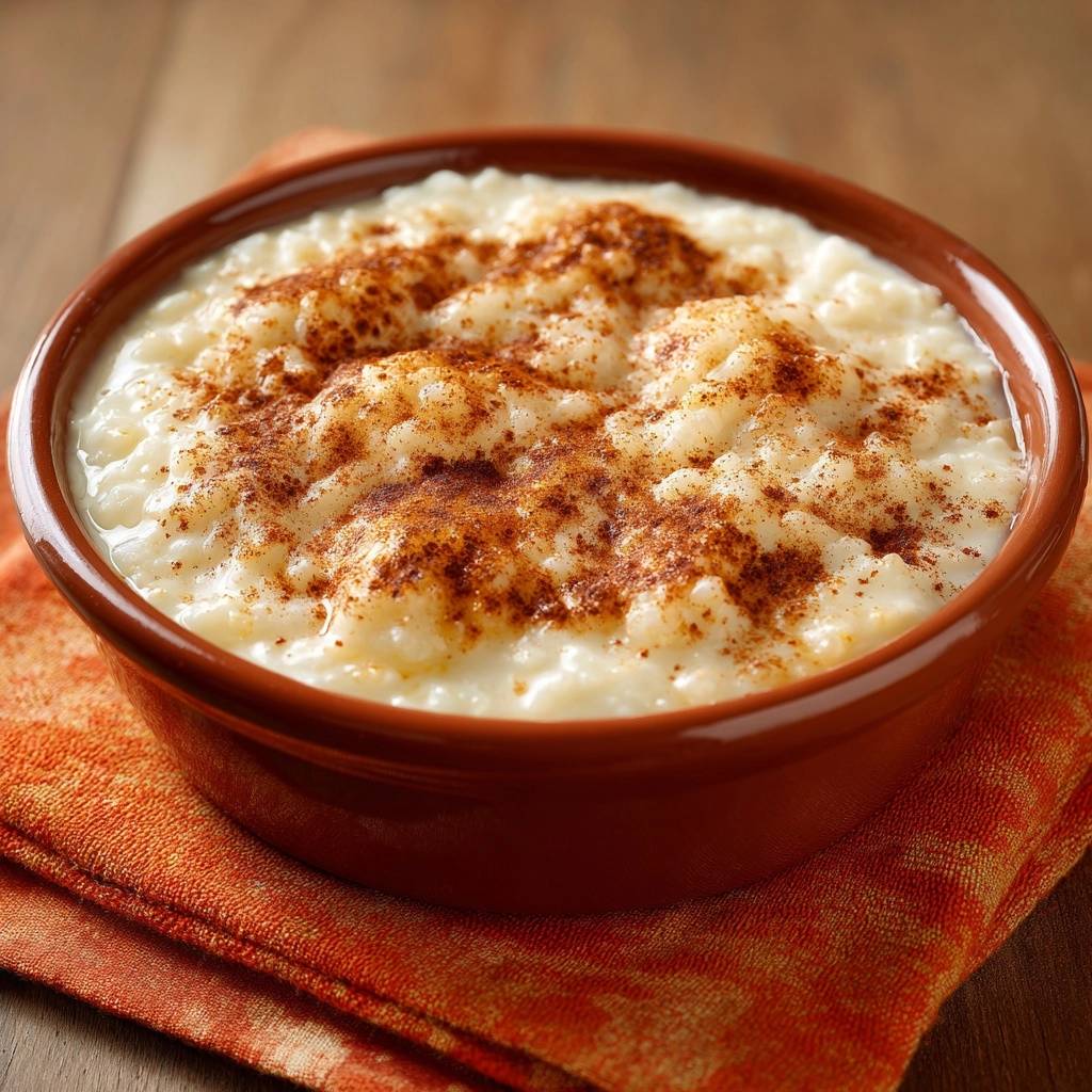 Cremiger Milchreis mit Zimt, serviert in einer rustikalen Schüssel, mit Zimt bestäubt und von oben fotografiert. Der cremige Milchreis ist perfekt für ein gemütliches Dessert.