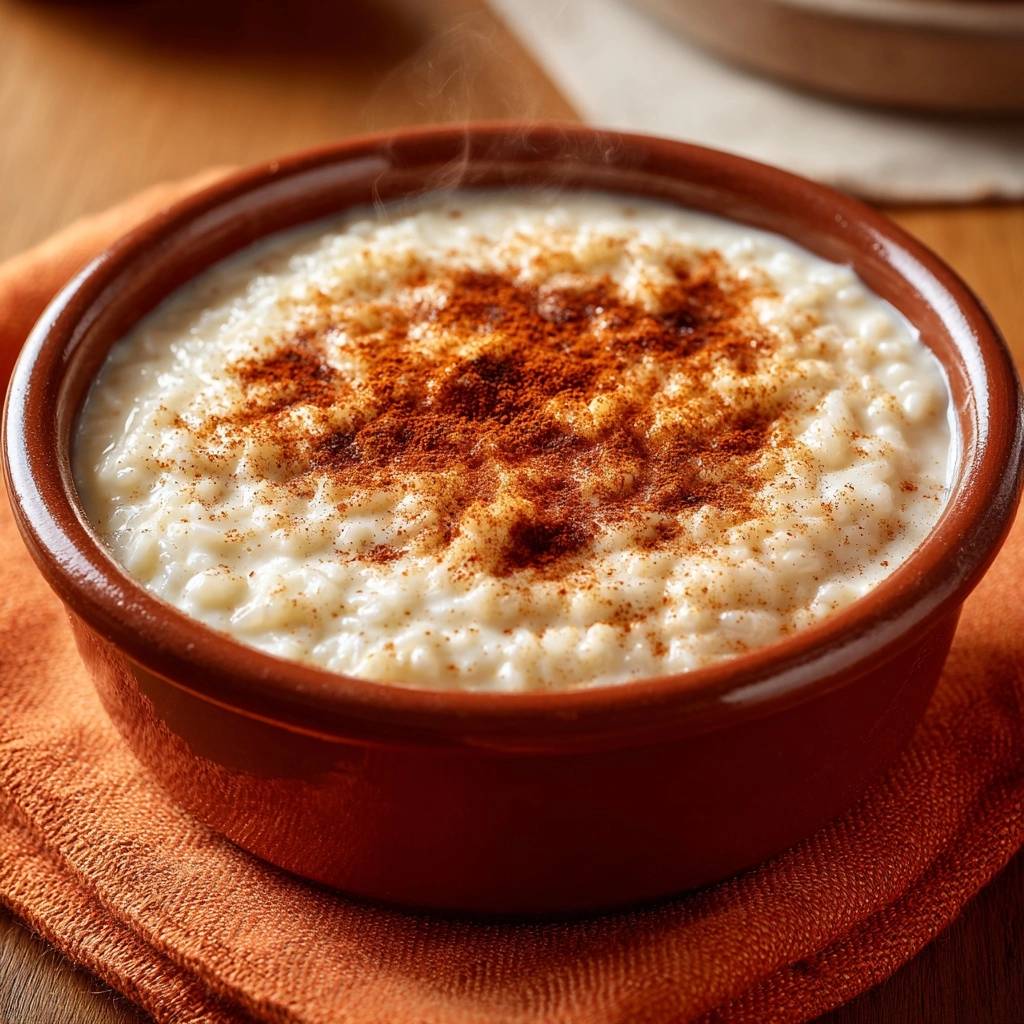 Cremiger Milchreis mit Zimt in einer rustikalen Schale, garniert mit Zimt und dampfend, bereit zum Servieren.